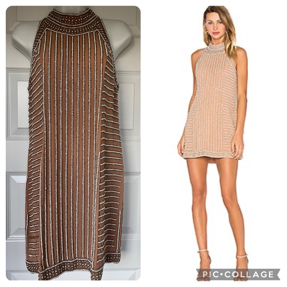X by NBD Dress Rita Beaded Sz 2 Fits Mock Turtleneck Mini Zipper Nude Beige Tan